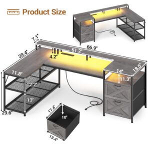 SEDETA 67" L Shaped Desk with Drawers, Computer Office Desk with Storage Shelves & Power Outlet, Reversible Gaming Desk with LED Lights for Home Office, Grey