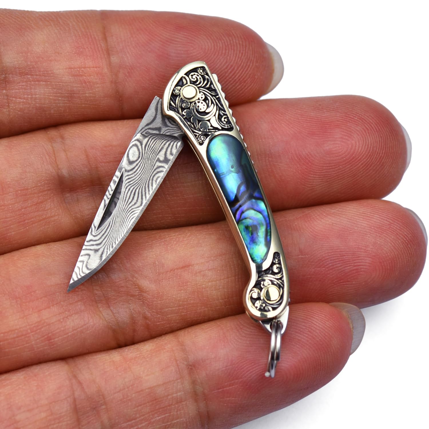 JPCRMOV Mini Pocket Knife Damascus Keychain for Women, Small Folding Knife EDC Compact Knife, Abalone Shell Handle, Blade Length 1.06", Weighs only 9 Grams