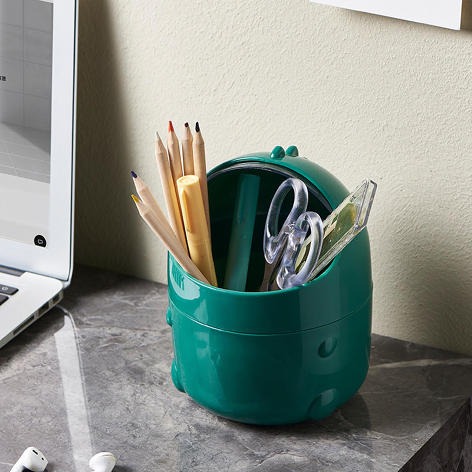 Mini Trash Can with Lid, 20 x 16cm /16 x 12cm Cute Countertop Bin Plastic Garbage Container for Office Table Desk Home Vanity Kitchen Bedroom(20x16cm Green)