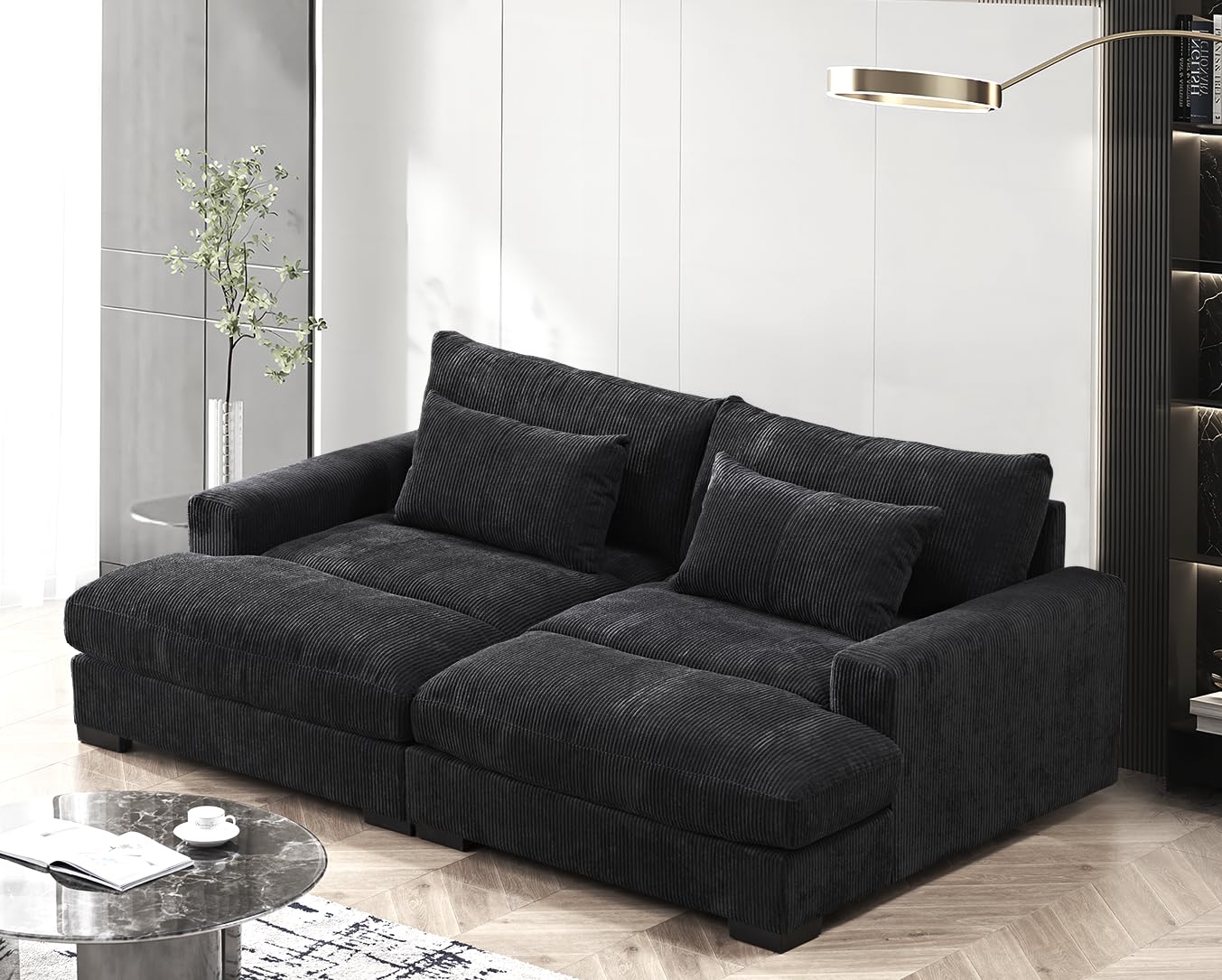 Container Furniture Direct Luxe Sleeper Sofa with Soft Corduroy Upholstery, Double Chaise Design, Convertible to Twin Size Bed, Modern and Comfortable Living Room Couch, Extra Large, Black