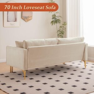 mikibama Modern Velvet Loveseat Sofa, 70" Luxury 3 Seater Couch with 2 Pillows, Comfy Upholstered Sofa Couches for Living Room, Bedroom, Apartment, Small Space(Beige)