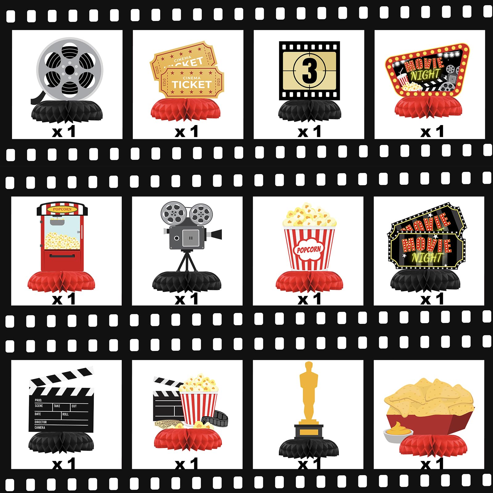 HaPiBiDesign Movie Night Party Decorations - Honeycomb Centerpieces for Movie Night Birthday Decor - Movie Night Table Decoration for Kids - Movie Night Theme Décor