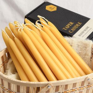 24 Pack Beeswax Taper Candles in Bulk 8 inch Tall - All Natural, 100% Pure Unscented Bee Wax Candle, Dripless, 5 Hours Burnning Time -Yellow