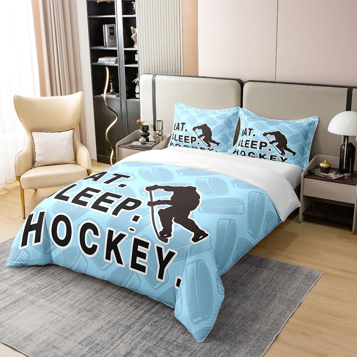 jejeloiu Ice Hockey Cotton Duvet Cover Set Twin Size Eat Sleep Ice Hockey Comforter Cover Set for Boys Girls Sports Theme Bedding Set Room Decorations Bedspread Cover 2Pcs