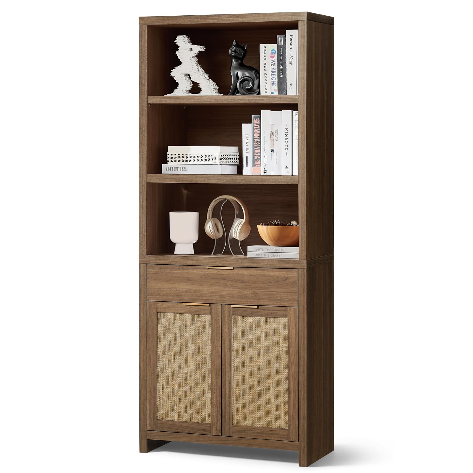 OAKHAM HOME Hampstead Bookcase, Rattan Bookcase with Doors Cabinet and Drawer, 5-Tier Bookshelf, Large Wooden Book Case, Tall Bookshelves for Library Living Room (Special Walnut, 1 Piece)