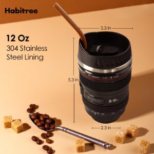 Habitree Coffee Mug- Ideal for Photographers&Travelers - 2 Lids,Cup Holder,Silicone Straw- Stainless Steel Lens Mug Thermos- Christmas gifts- Gifts for him,Portable Cup