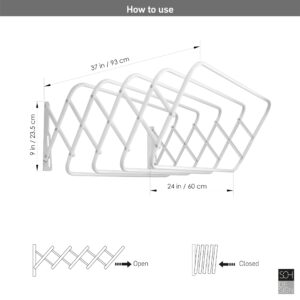 SOH DESIGN Steel Wall Mount Clothes Drying Rack, White Powder Coated, 9 Rods Expandable, for Laundry, Bathroom, Balcony,Indoor-Outdoor Use, 24 in Wide