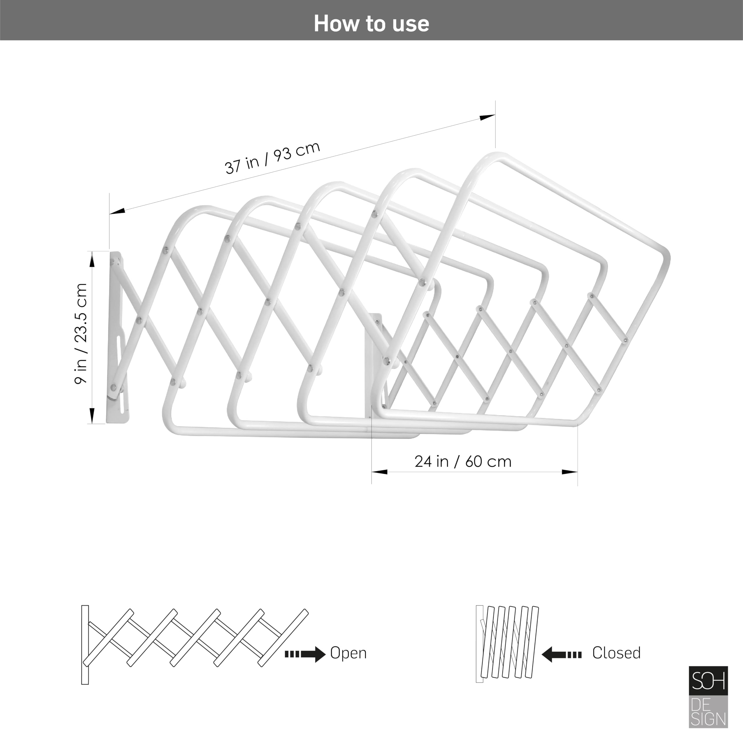 SOH DESIGN Steel Wall Mount Clothes Drying Rack, White Powder Coated, 9 Rods Expandable, for Laundry, Bathroom, Balcony,Indoor-Outdoor Use, 24 in Wide