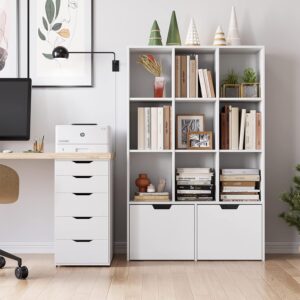 IDEAKHOUSE White Bookshelf with Drawers, Tall Storage Cabinet with 9 Cubes and 2 Large Drawers, Free Standing Storage Organizer Bookshelf for Living Room, Office, Study,Kitchen (White)