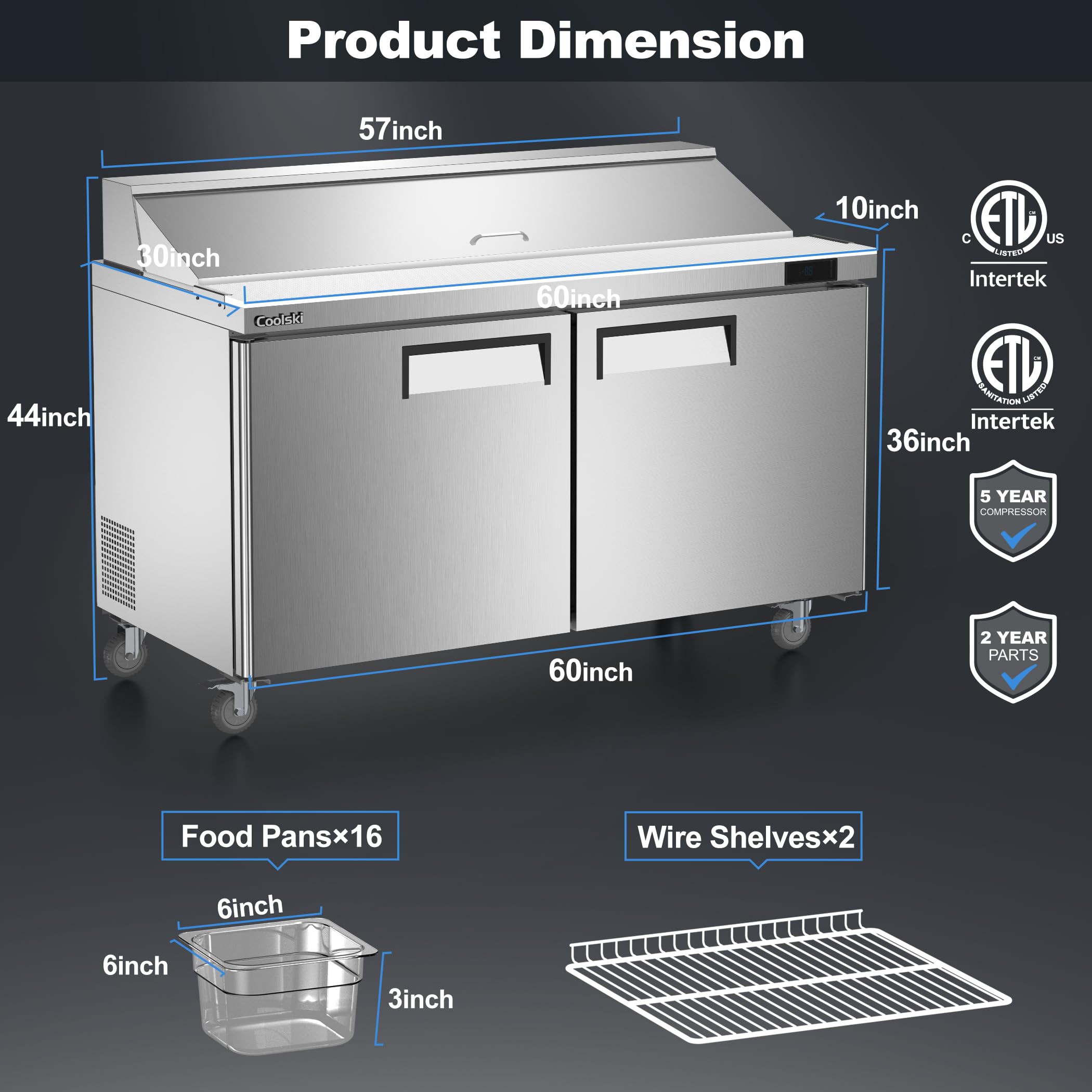 Coolski 60’’ W 2 Door Commercial Refrigerator, Refrigerated Sandwich Salad Prep Table with 16 Pans/Mega Top/Cutting Board, 18 Cu.Ft. Large Capacity Stainless Steel ETL NSF Approved