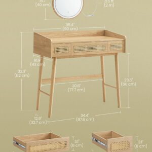 SONGMICS HOME BOHOVEN Collection - Vanity Desk with Mirror and Lights, Makeup Vanity with 3 Rattan-Like Drawers, Touch Control Light with 3 Color Hues, Dimmable, Boho Style, for Bedroom, Oak Beige