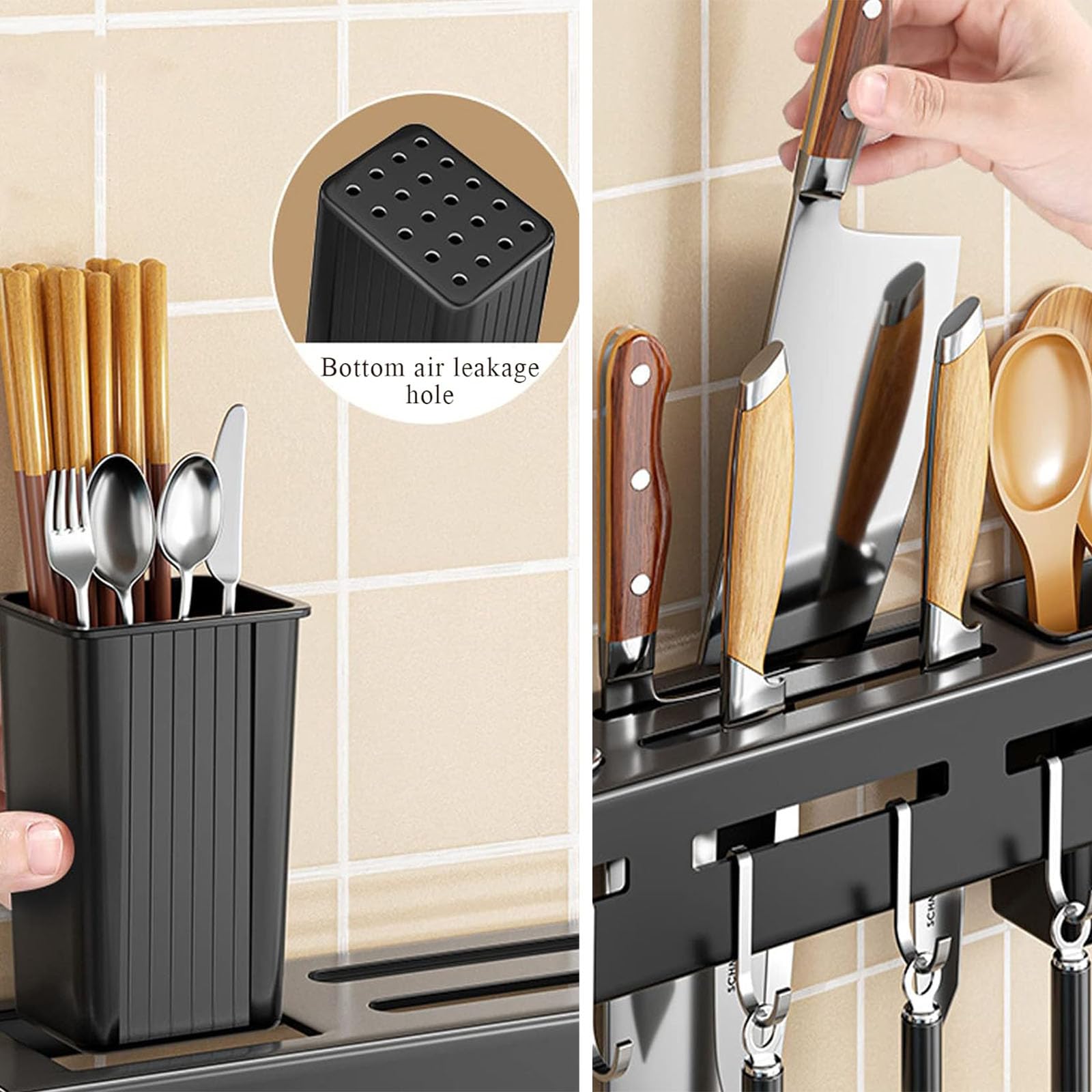 MINOCHI Knife Holder for Wall, 40cm Multifunction Kitchen Knife Storage Holder with 6 Hooks, No Punch Wall Mounted Stainless Steel Knife Rack Organizer for Hanging Spoon Chopsticks