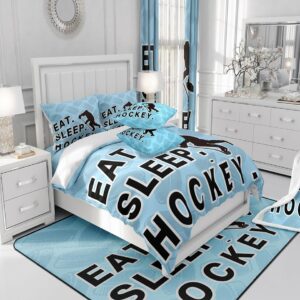 jejeloiu Ice Hockey Cotton Duvet Cover Set Twin Size Eat Sleep Ice Hockey Comforter Cover Set for Boys Girls Sports Theme Bedding Set Room Decorations Bedspread Cover 2Pcs