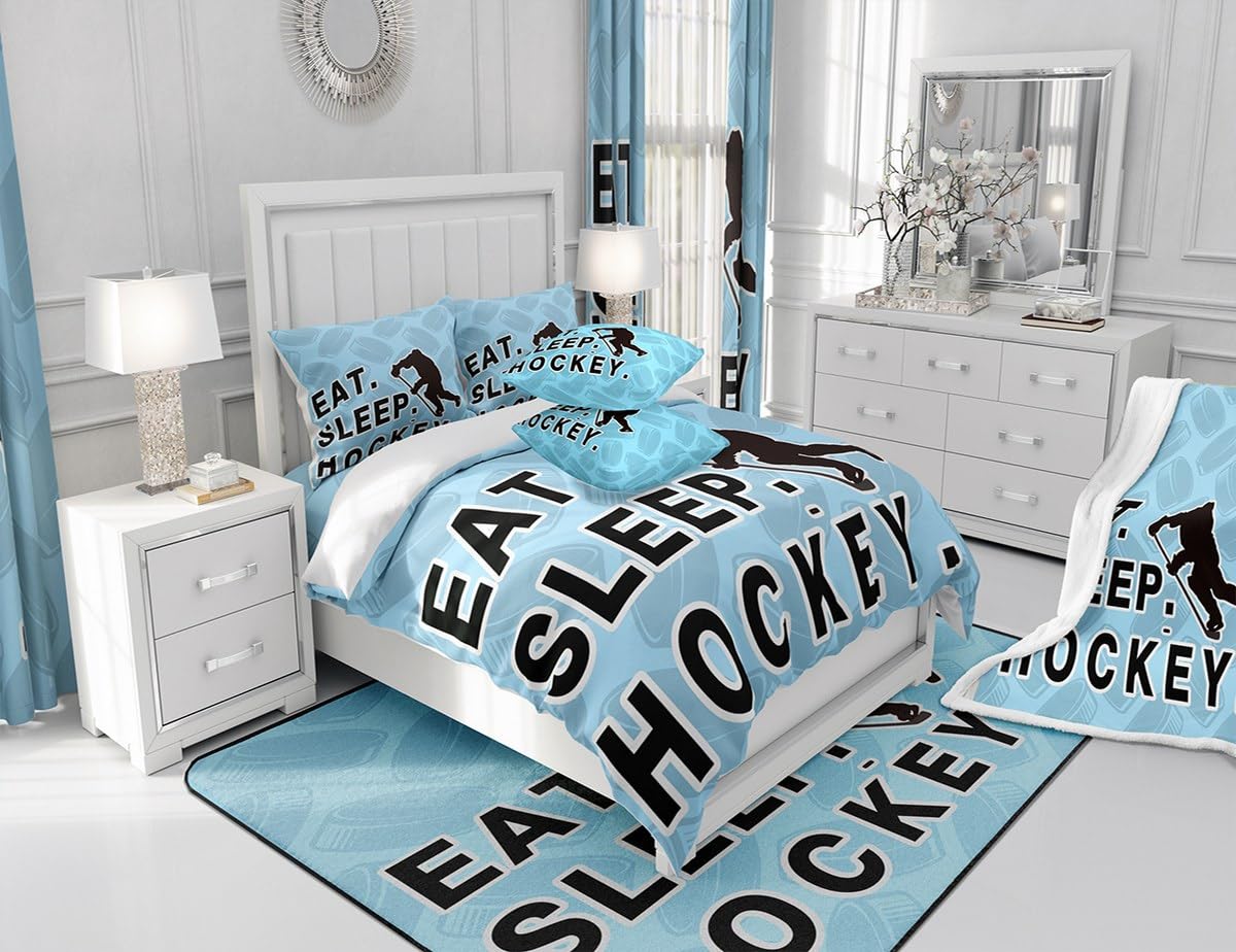 jejeloiu Ice Hockey Cotton Duvet Cover Set Twin Size Eat Sleep Ice Hockey Comforter Cover Set for Boys Girls Sports Theme Bedding Set Room Decorations Bedspread Cover 2Pcs