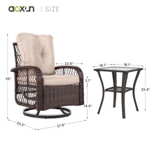 Aoxun 3 Pieces Outdoor Swivel Rocker Chair Set of 2 with Side Table Wicker Rattan Patio Furniture Set Outdoor Rocking Chair Set for Backyard, Balcony, Deck (3 Piece, Beige)