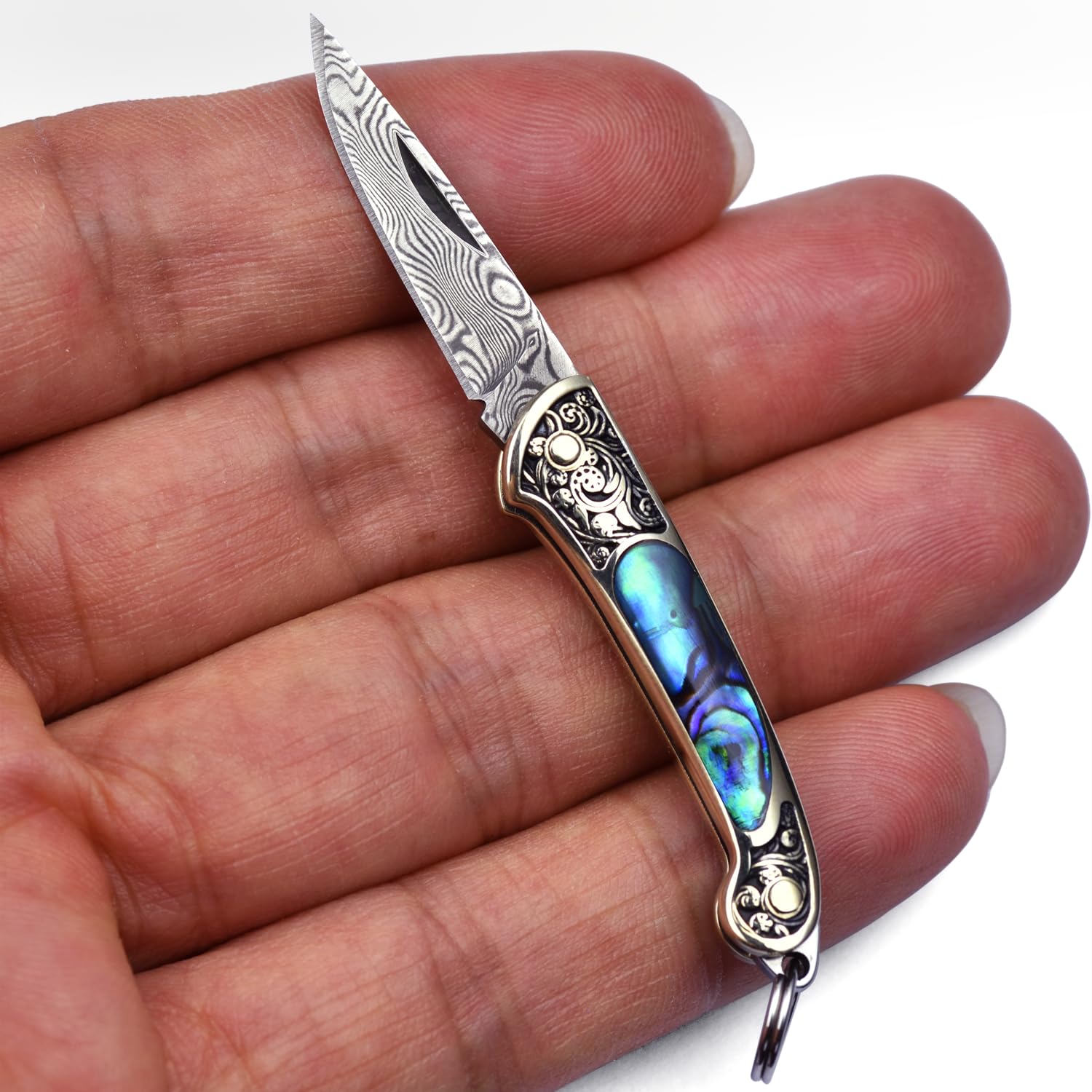 JPCRMOV Mini Pocket Knife Damascus Keychain for Women, Small Folding Knife EDC Compact Knife, Abalone Shell Handle, Blade Length 1.06", Weighs only 9 Grams