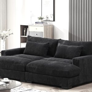 Container Furniture Direct Luxe Sleeper Sofa with Soft Corduroy Upholstery, Double Chaise Design, Convertible to Twin Size Bed, Modern and Comfortable Living Room Couch, Extra Large, Black