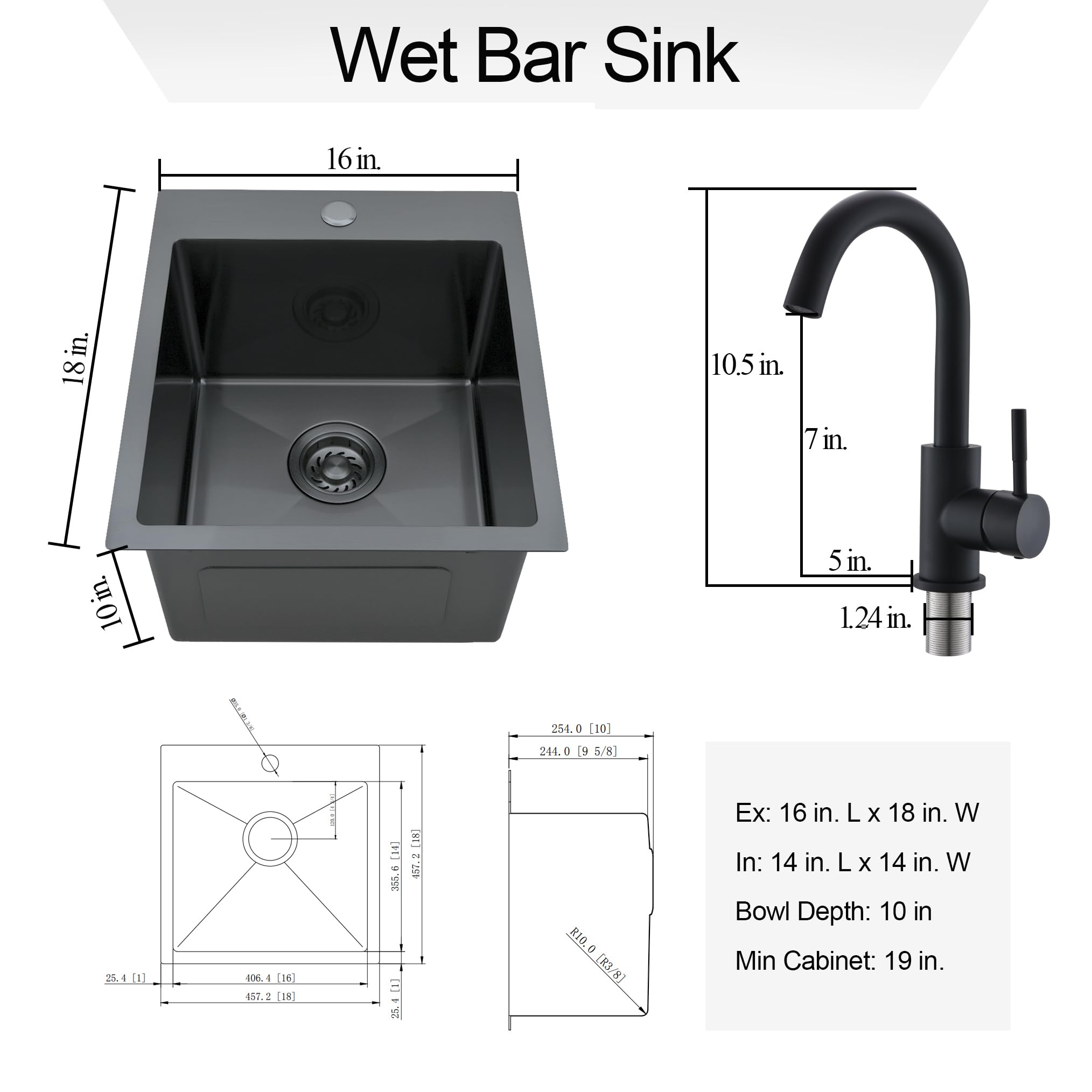 16 Inch Black Bar Sink with Faucet, 16 x 18 x 10 Inch Drop In Black Kitchen Bar Sink Gunmetal Topmount Small Kitchen Sink 16 Gauge Stainless Steel Single Bowl Sink Bar Prep Sink Outdoor Sink