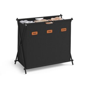 songmics laundry hamper, laundry basket, 35.7 gal. laundry sorter 3 sections, collapsible x-frame, clothes organizer with customizable labels, laundry room, bedroom, bathroom, ink black ulcb130b01