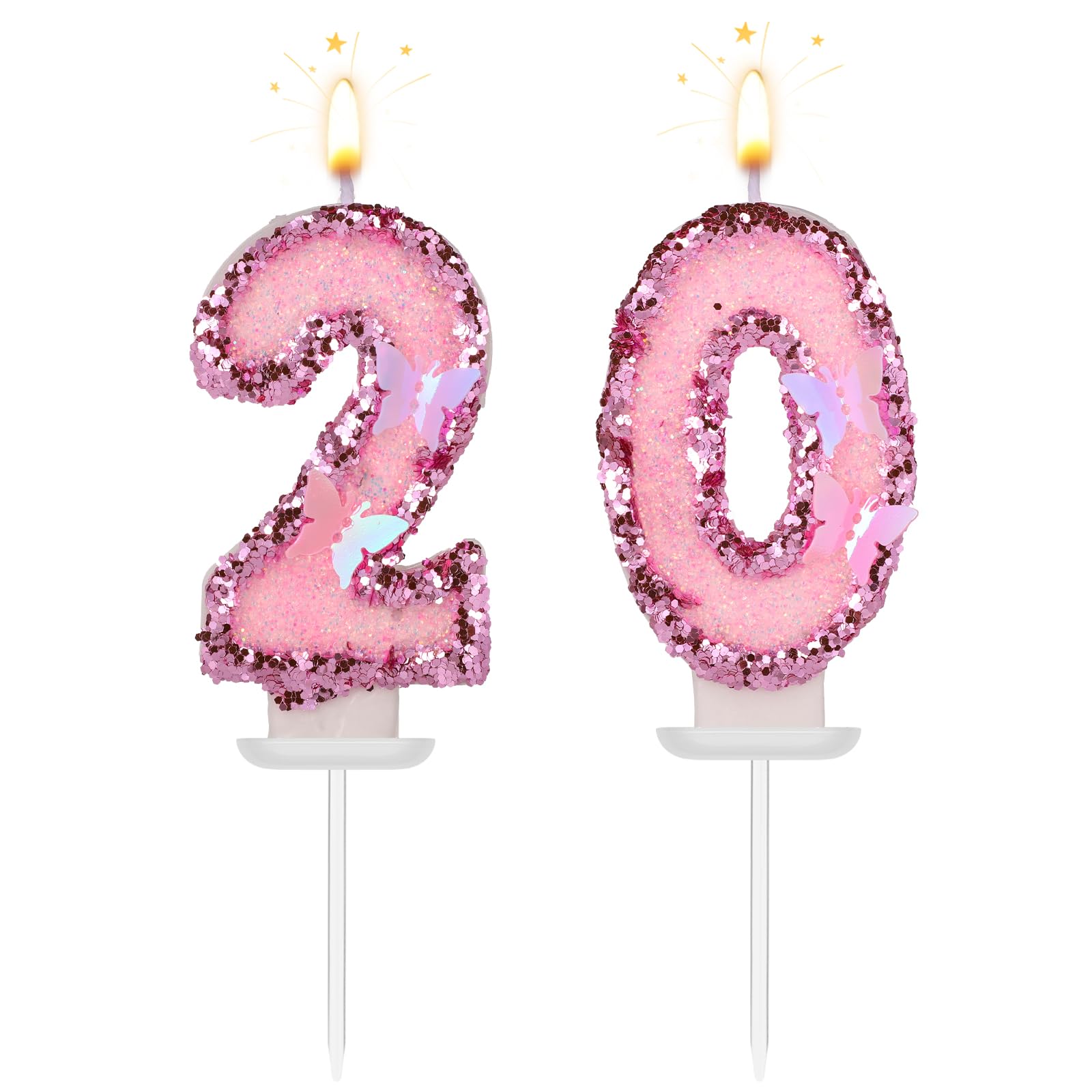 Girls Birthday Number 20 Candles, 2.95in Glitter Butterfly Happy Birthday Cake Toppers Pink Sequins Wedding Numeral Cupcake Decorations for Anniversary Celebration Party Supplies (20th)