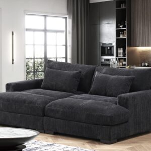 Container Furniture Direct Luxe Sleeper Sofa with Soft Corduroy Upholstery, Double Chaise Design, Convertible to Twin Size Bed, Modern and Comfortable Living Room Couch, Extra Large, Black