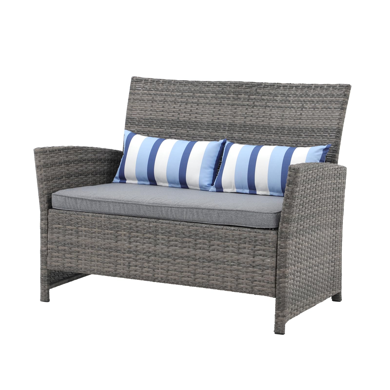 SUNSITT Outdoor Wicker Loveseat with Cushions, 2 Seats Patio PE Rattan Sofa with Lumbar Pillows, Grey Wicker & Grey Cushions, Porch, Backyard, Garden, Pool, Steel Frame