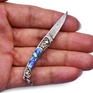 JPCRMOV Mini Pocket Knife Damascus Keychain for Women, Small Folding Knife EDC Compact Knife, Abalone Shell Handle, Blade Length 1.06", Weighs only 9 Grams