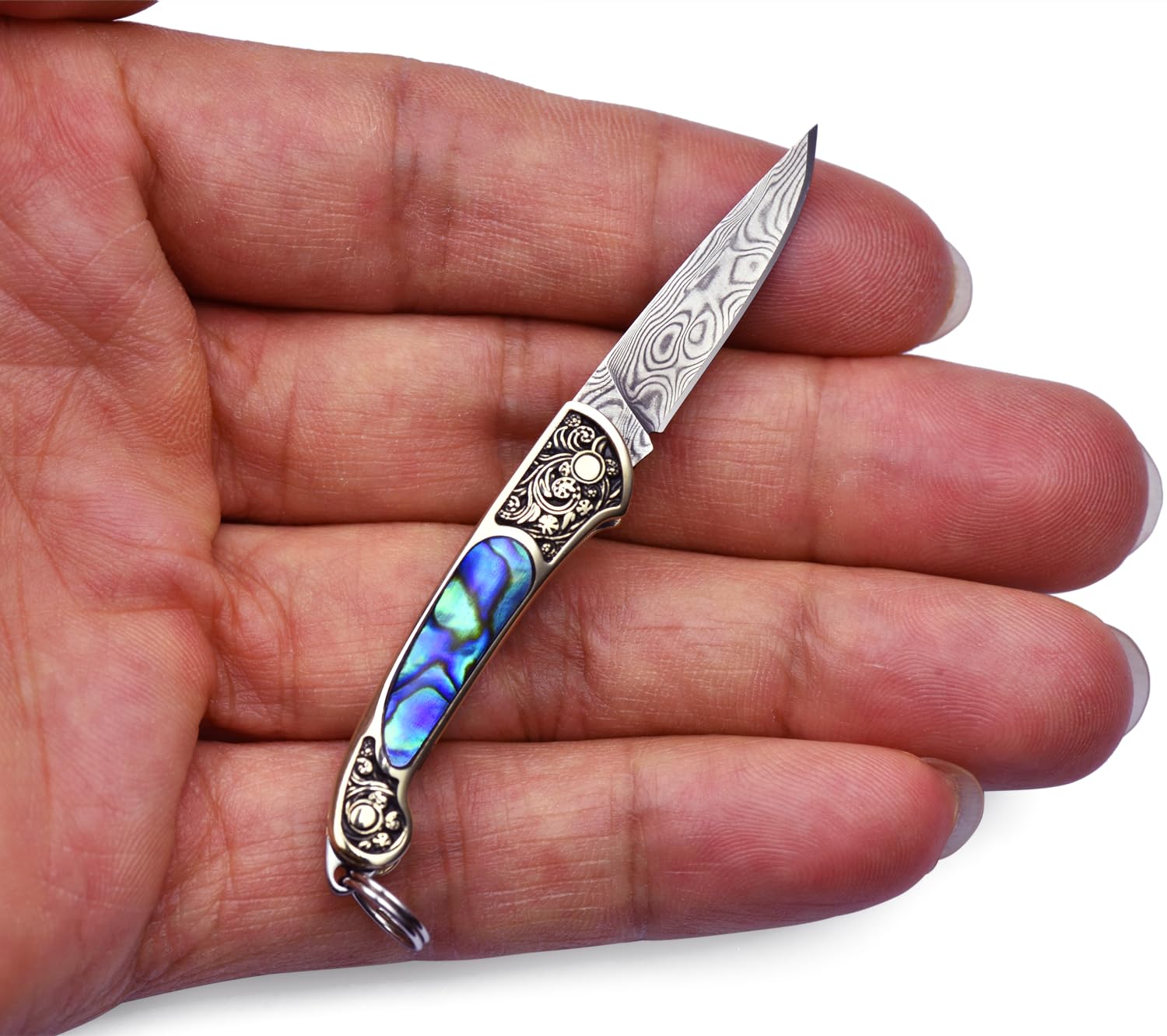 JPCRMOV Mini Pocket Knife Damascus Keychain for Women, Small Folding Knife EDC Compact Knife, Abalone Shell Handle, Blade Length 1.06", Weighs only 9 Grams