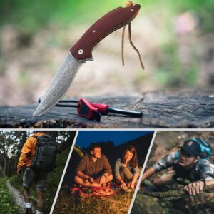 BFYLIN Damascus Pocket Knife with Clip Leather Sheath Sharp VG10 Core Folding Knife, EDC with Liner Lock Wood Handle for Outdoor Survival Camping Hunting