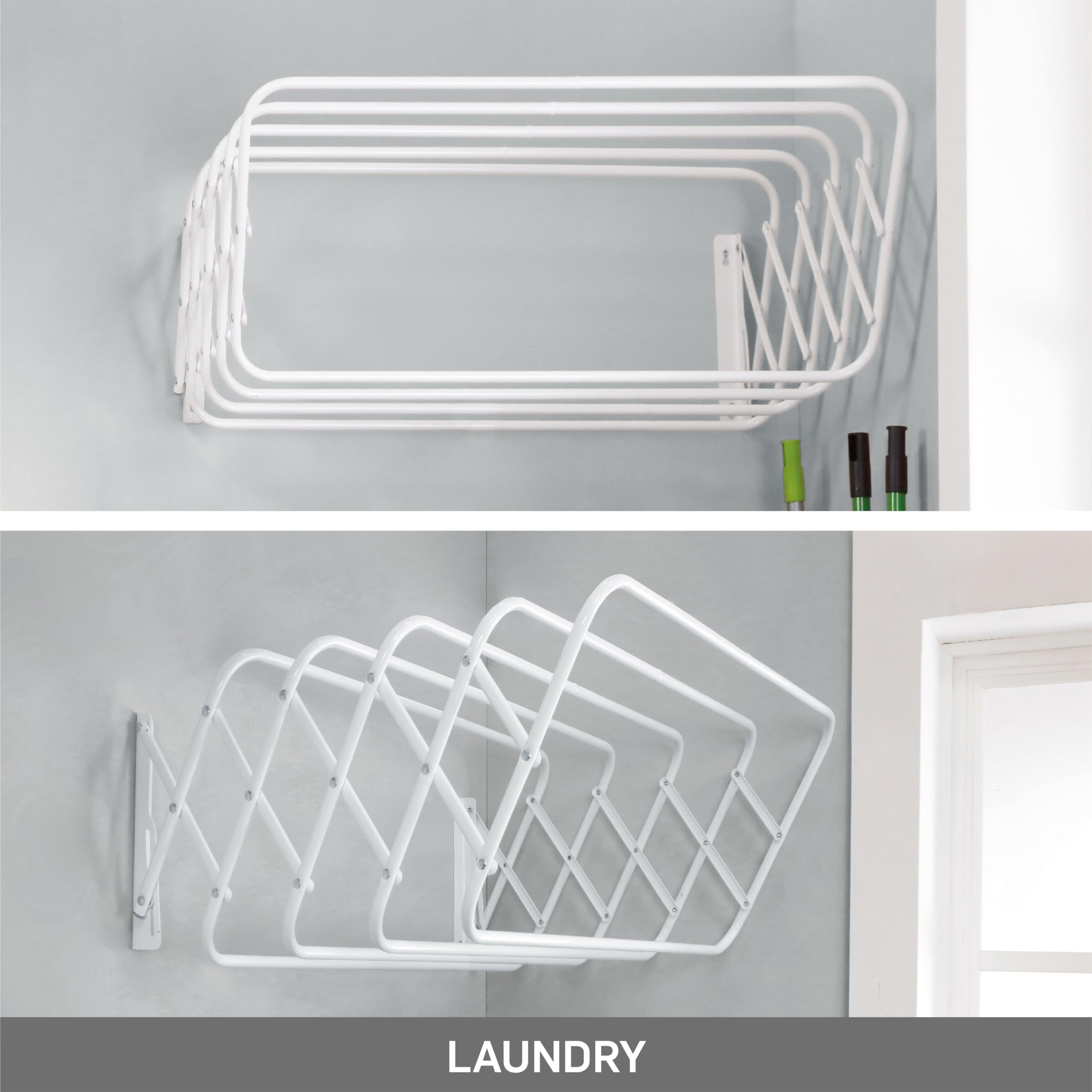 SOH DESIGN Steel Wall Mount Clothes Drying Rack, White Powder Coated, 9 Rods Expandable, for Laundry, Bathroom, Balcony,Indoor-Outdoor Use, 24 in Wide