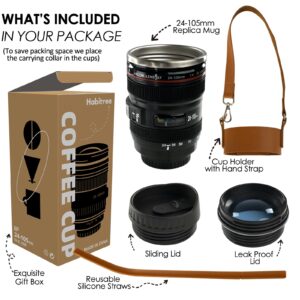 Habitree Coffee Mug- Ideal for Photographers&Travelers - 2 Lids,Cup Holder,Silicone Straw- Stainless Steel Lens Mug Thermos- Christmas gifts- Gifts for him,Portable Cup