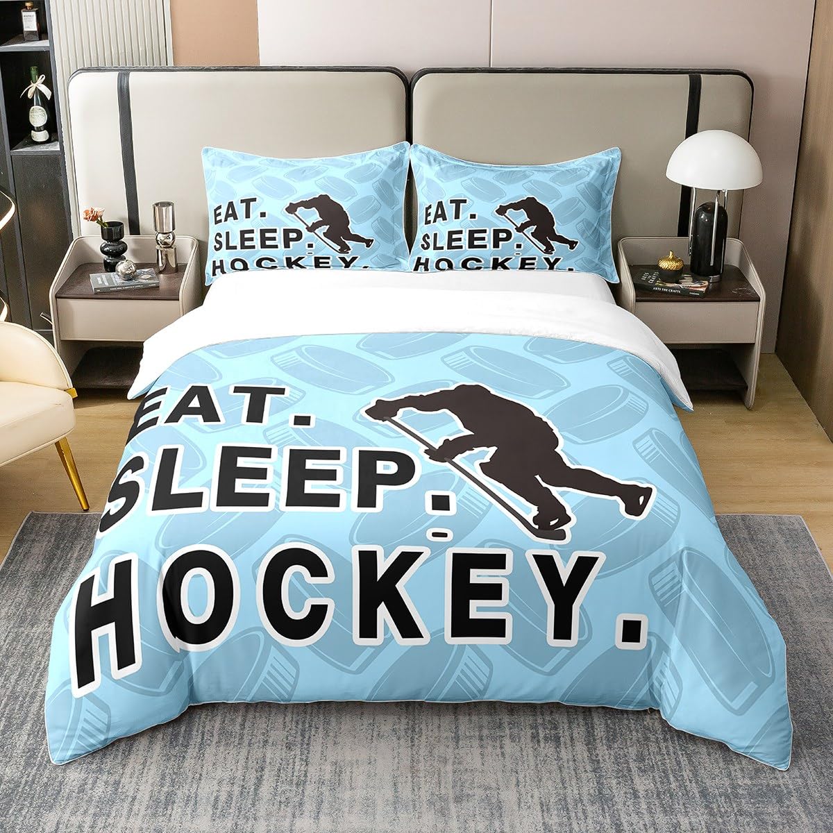 jejeloiu Ice Hockey Cotton Duvet Cover Set Twin Size Eat Sleep Ice Hockey Comforter Cover Set for Boys Girls Sports Theme Bedding Set Room Decorations Bedspread Cover 2Pcs