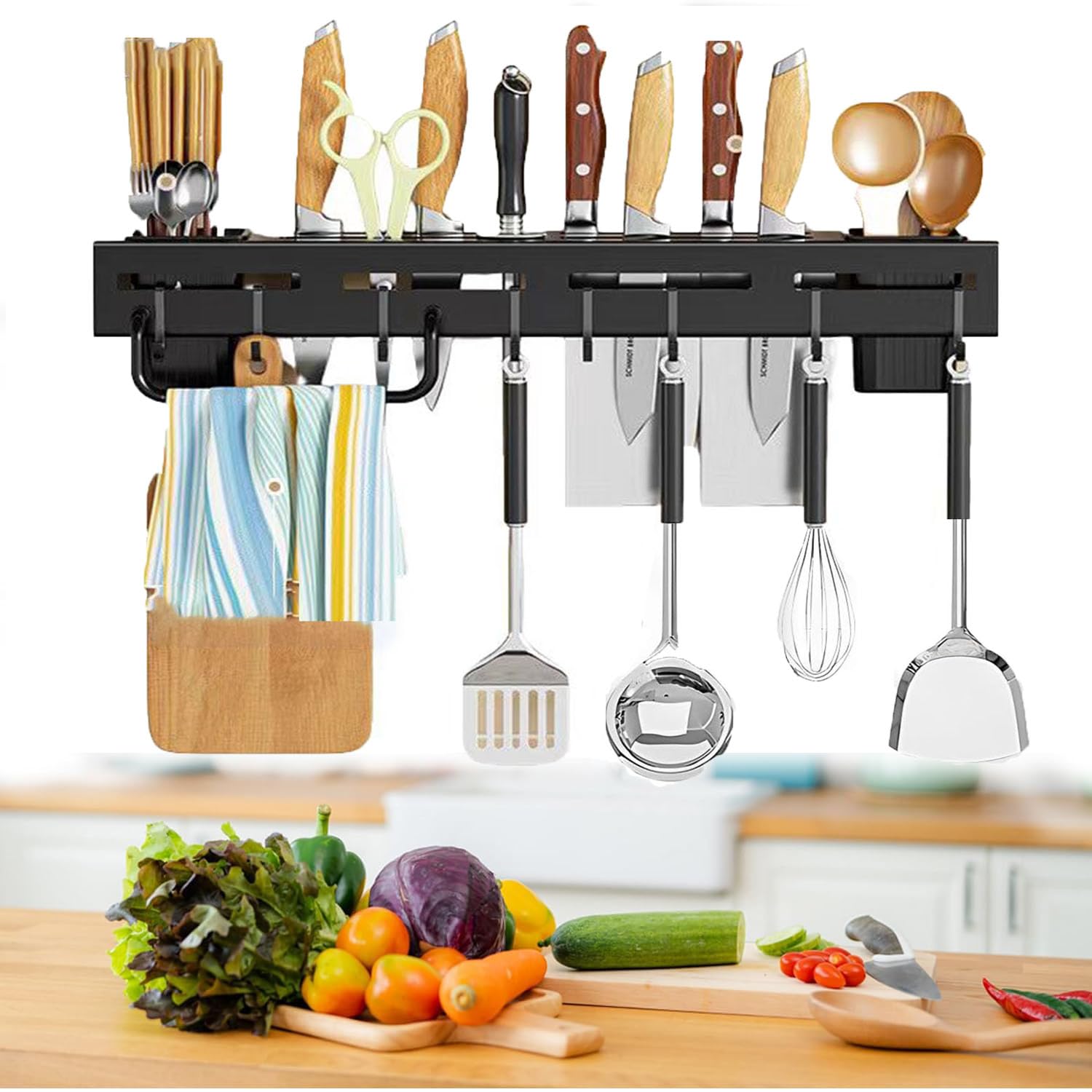 MINOCHI Knife Holder for Wall, 40cm Multifunction Kitchen Knife Storage Holder with 6 Hooks, No Punch Wall Mounted Stainless Steel Knife Rack Organizer for Hanging Spoon Chopsticks