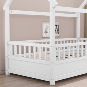 Montessori Floor Bed Twin Size, Twin Montessori Bed with Fence, Twin Size House Bed for Kids, Girls, Boys, Twin Floor Bed White, 80" L x 45" W x 66" H