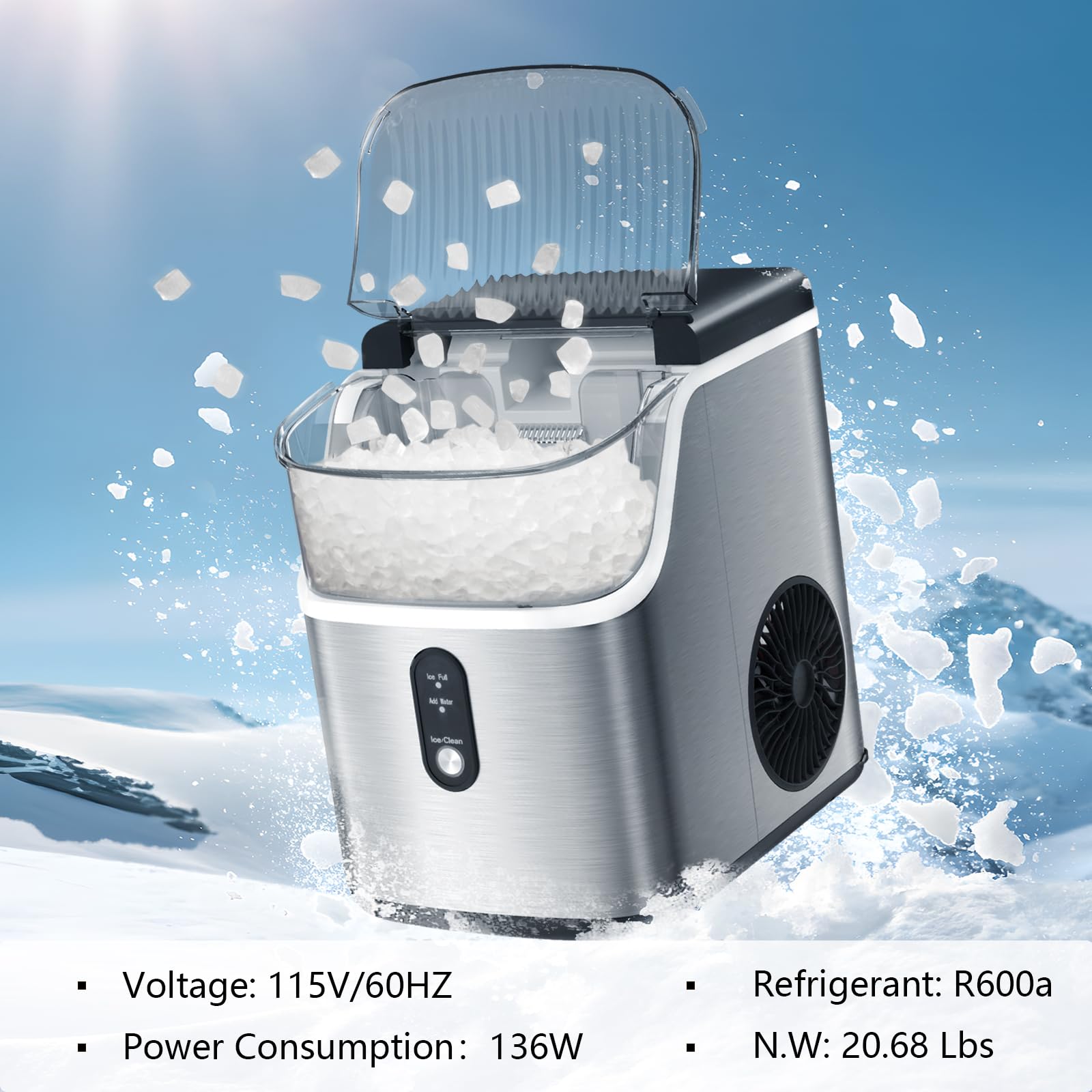 Antarctic Star Nugget Ice Maker with Soft Chewable Pellet Ice, Pebble Portable Countertop Ice Machine, 36Lbs/24H, Automatic Cleaning, Sonic Ice, One-Click Operation, for Kitchen Stainless Steel Silver