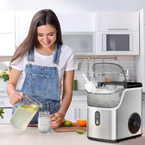 Antarctic Star Nugget Ice Maker with Soft Chewable Pellet Ice, Pebble Portable Countertop Ice Machine, 36Lbs/24H, Automatic Cleaning, Sonic Ice, One-Click Operation, for Kitchen Stainless Steel Silver