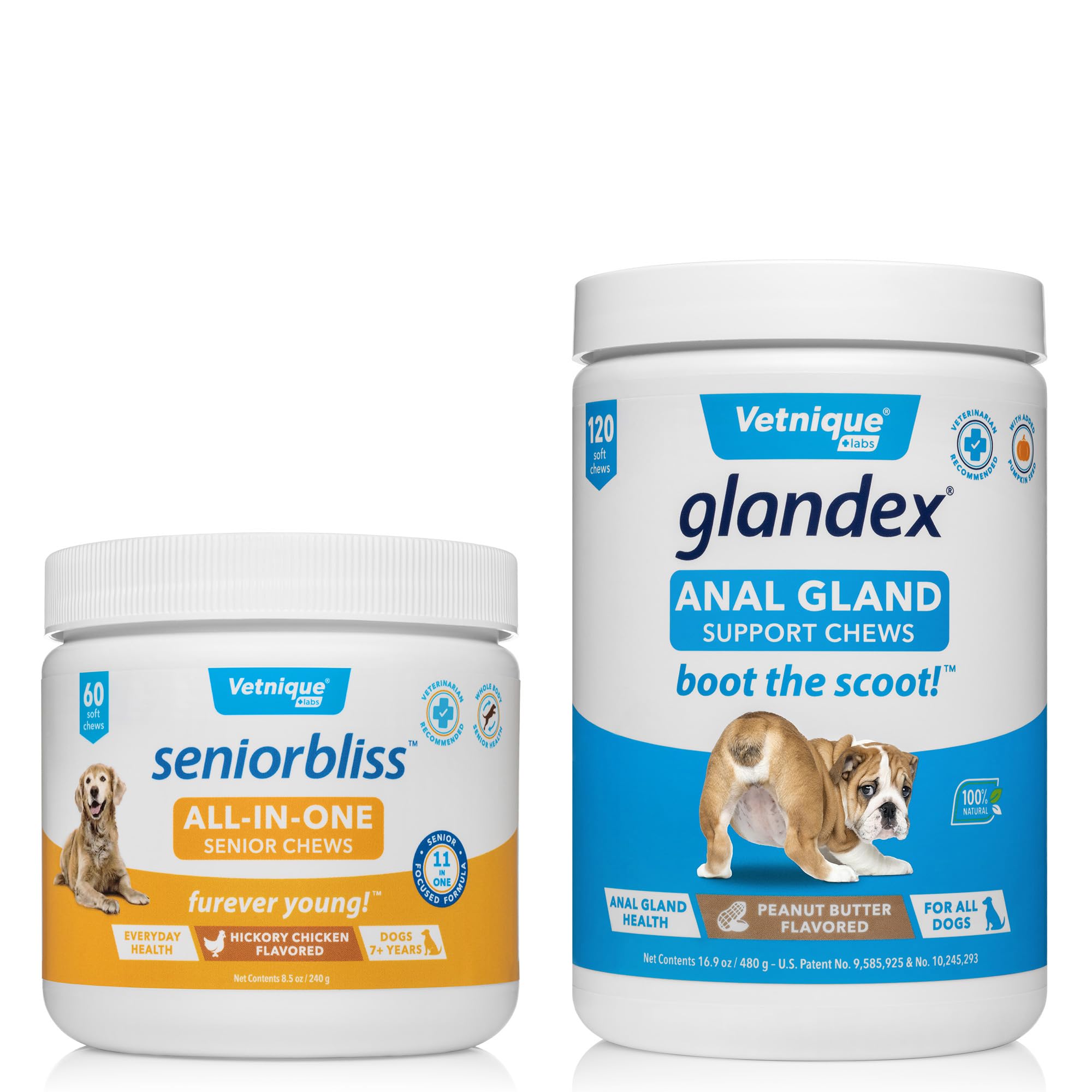 Glandex Anal Gland Support Chews Peanut Butter 120 Ct and Seniorbliss All-in-1 Chews 60 Ct Bundle Peanut Butter, Hickory Chicken, Probiotic for Dogs and Cats, Glucosamine for Dogs, Dog Multivitamin