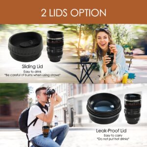 Habitree Coffee Mug- Ideal for Photographers&Travelers - 2 Lids,Cup Holder,Silicone Straw- Stainless Steel Lens Mug Thermos- Christmas gifts- Gifts for him,Portable Cup