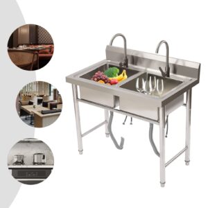 2 Compartment Commercial Stainless Steel Sink,Free Standing Utility Double Bowl Restaurant Sink,Kitchen Prep & Utility Sink for Home Garage Bar Laundry Room 39.3" L×23.6" W×31.5" H