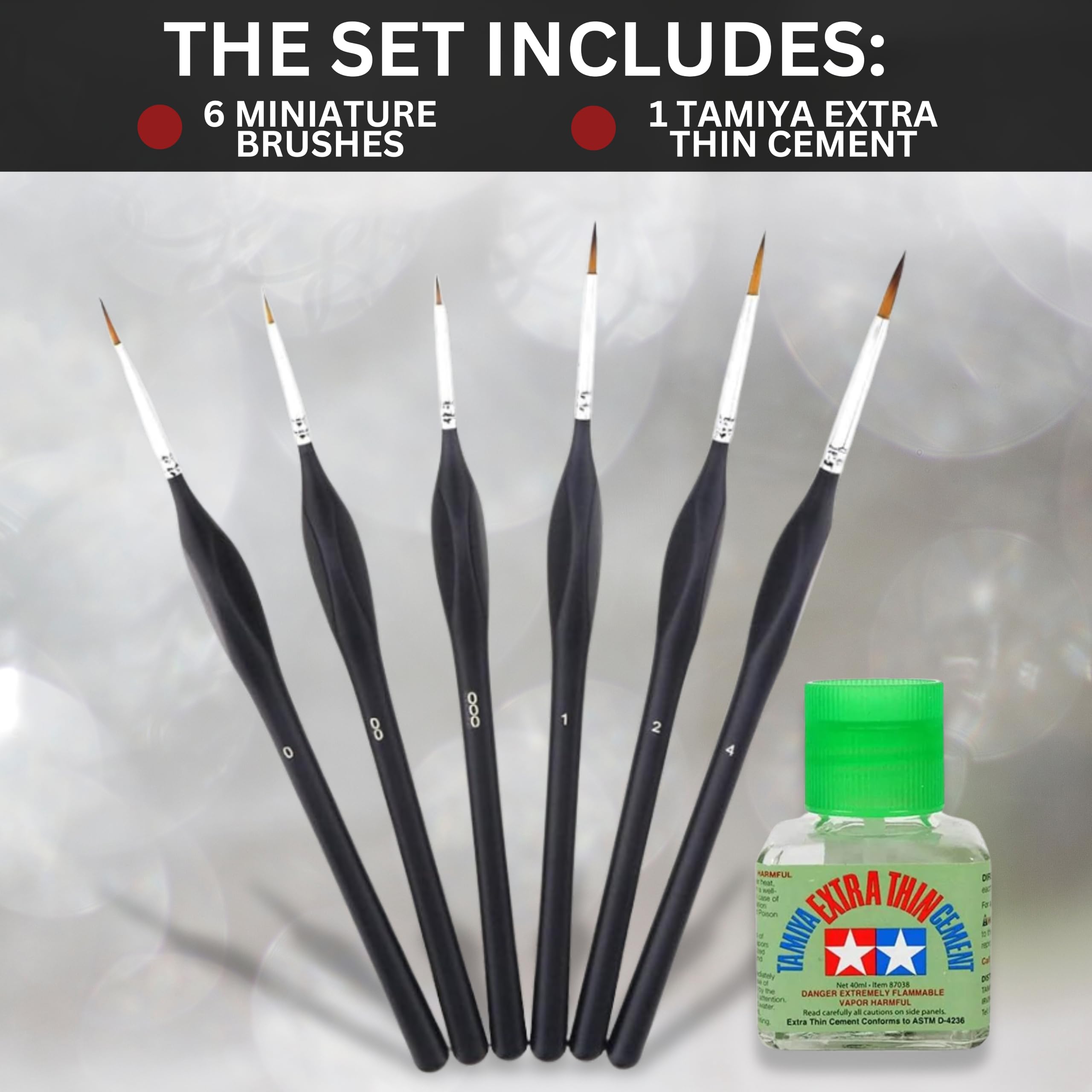 Tamiya Extra Thin Cement with Fine Tip Applicator and 6 Pixiss Miniature Paint Brushes - 4 oz Plastic Model Glue for Miniatures, Scale Models - Fine Detail Paint Brush Set for Modeling and Gundam Kits