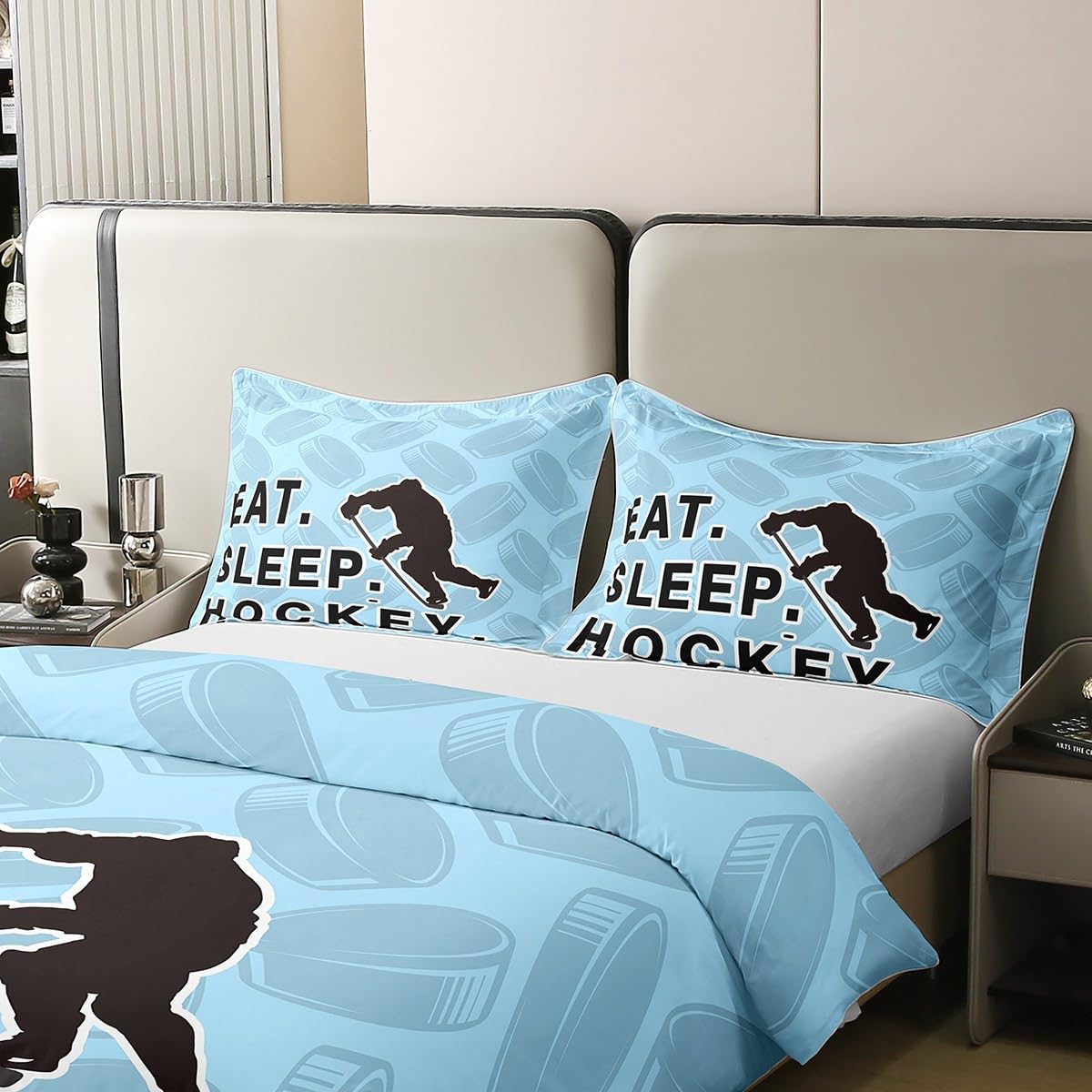 jejeloiu Ice Hockey Cotton Duvet Cover Set Twin Size Eat Sleep Ice Hockey Comforter Cover Set for Boys Girls Sports Theme Bedding Set Room Decorations Bedspread Cover 2Pcs