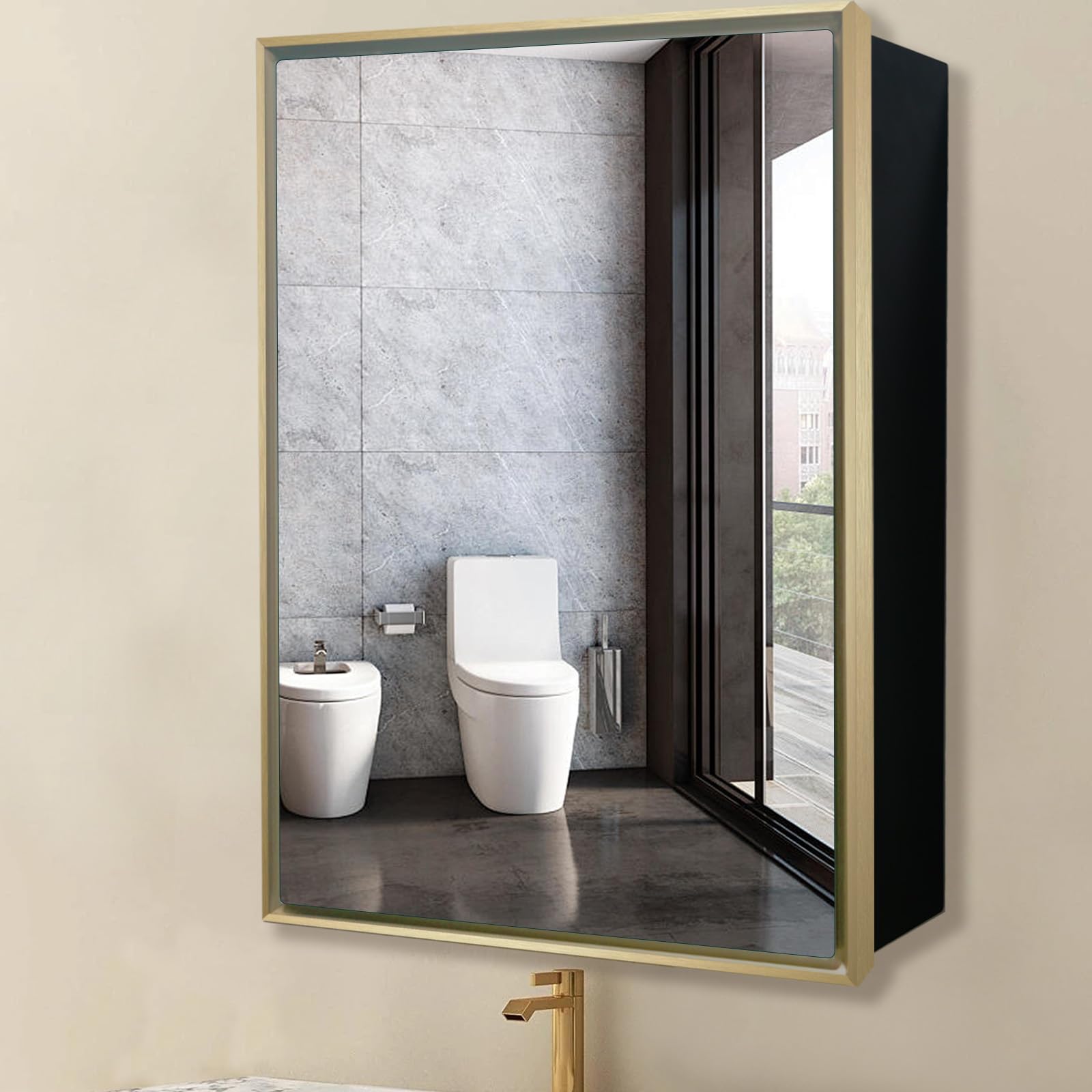 FOMAYKO Bathroom Medicine Cabinet with Aluminum Framed Mirror,24"x30" Surface Mount Bathroom Vanity Mirror，Single Door Gold Bathroom Mirror with Storage Cabinet