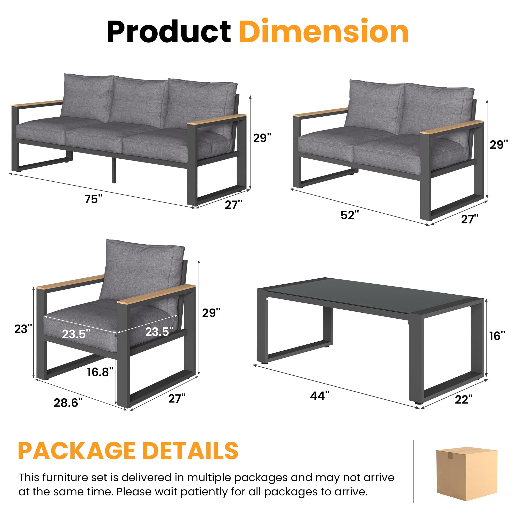 RoyalCraft Aluminum Patio Furniture Set, 5 Piece Outdoor Conversation Set with Coffee Table, Metal Outdoor Patio Furniture Set for Porch Backyard Garden, Grey