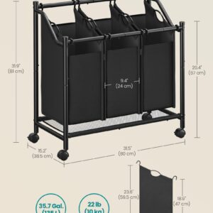 SONGMICS Laundry Sorter, Rolling Laundry Basket with 3 Removable Bags, Laundry Hamper, Laundry Cart, for Laundry Room, Bedroom, Bathroom, 3 x 11.9 Gallons, Ink Black URLS102B01