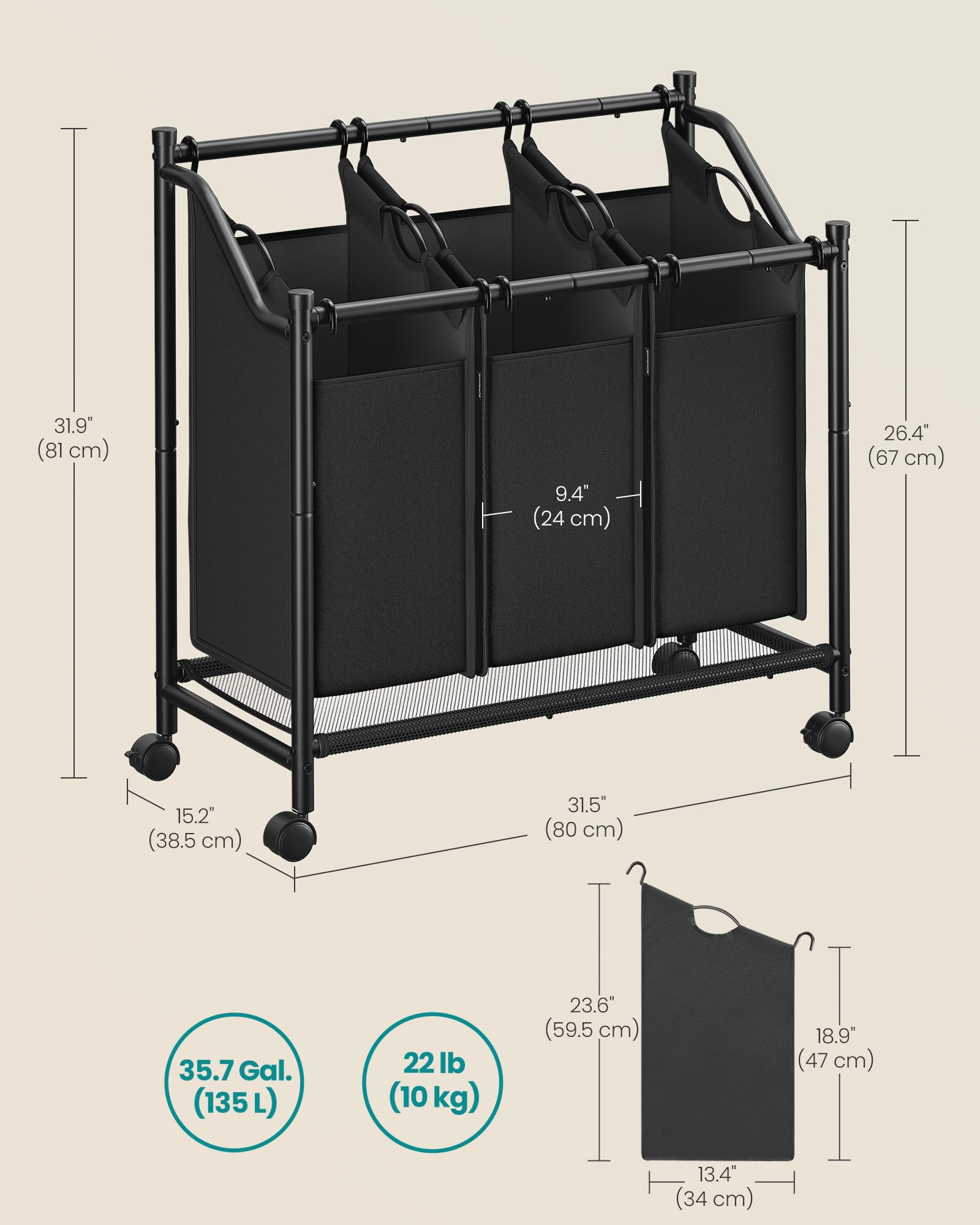 SONGMICS Laundry Sorter, Rolling Laundry Basket with 3 Removable Bags, Laundry Hamper, Laundry Cart, for Laundry Room, Bedroom, Bathroom, 3 x 11.9 Gallons, Ink Black URLS102B01