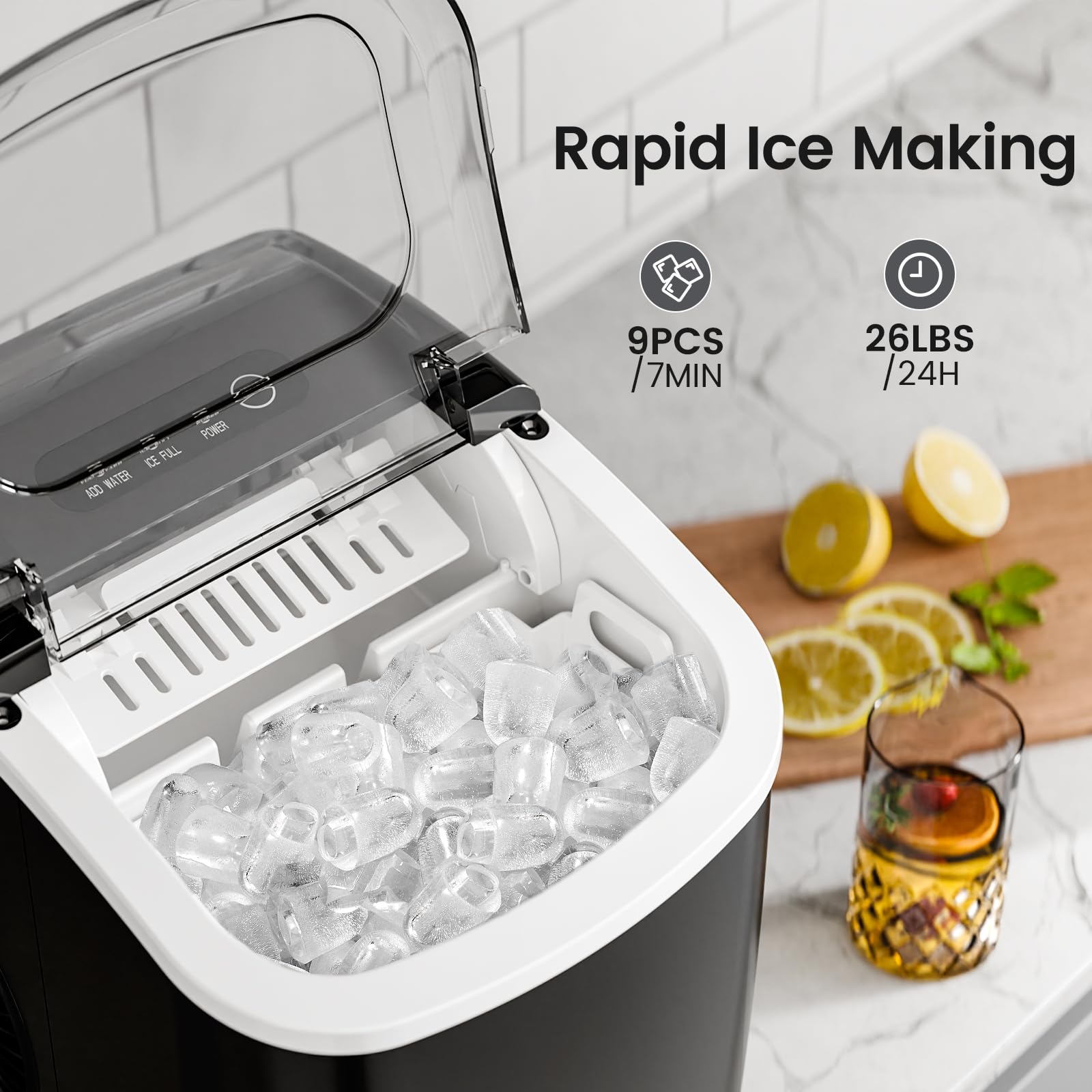 Kismile Ice Makers Countertop with Carry Handle,Self-Cleaning Ice Maker Machine with Ice Basket and Ice Scoop,Portable Ice Maker for Home,Office,Kitchen (Black)