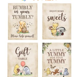 4PCS Winnie Table Sign Centerpieces A Little Yummy for Your Tummy for Baby Shower Decorations Pooh Birthday Decorations Welcome Baby Party Supplies(8x10in)