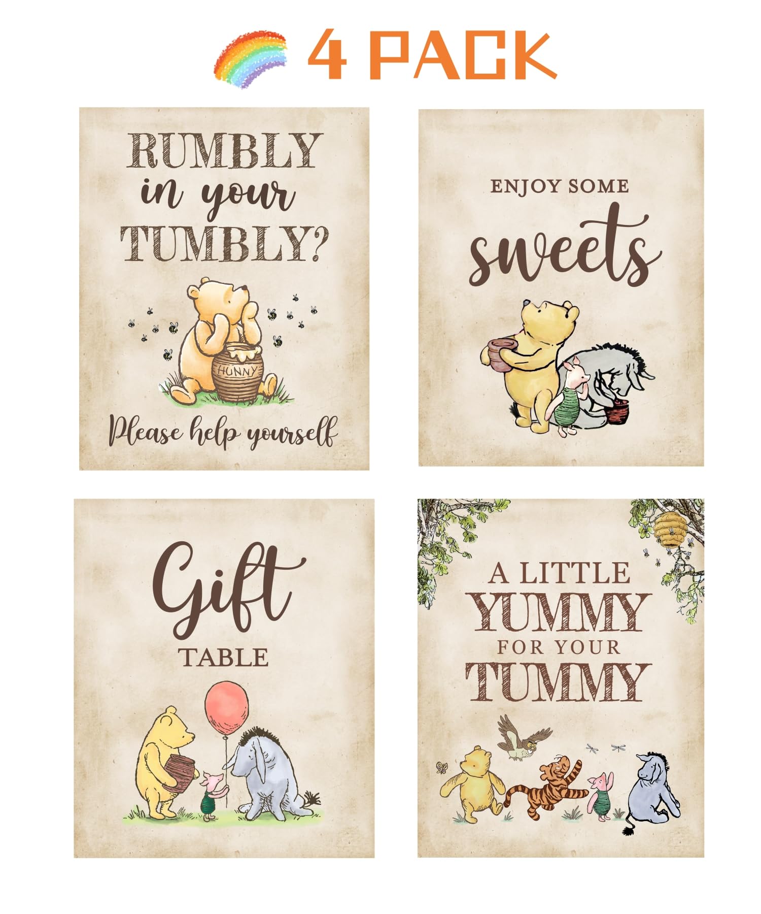 4PCS Winnie Table Sign Centerpieces A Little Yummy for Your Tummy for Baby Shower Decorations Pooh Birthday Decorations Welcome Baby Party Supplies(8x10in)