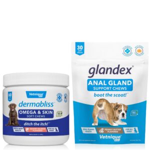 glandex anal gland support chews 30 ct and dermabliss omega & skin supplement for dogs 60 ct bundle| peanut butter, savory salmon, probiotic for dogs, itch relief for dogs