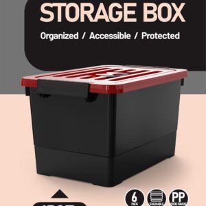 WYT 17 Quart Stackable Plastic Storage Bins with Red Lids, 4 Pack Black Containers with Latching Buckles and Handle, Durable Nestable Boxes Organizing for Closet, Garage, Tool Room